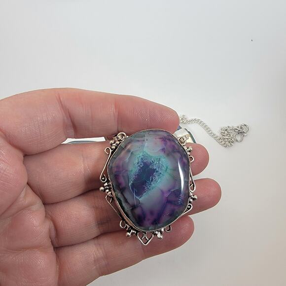 Handmade Agate Necklace in Sterling Silver Multi-Color Geode Gemstone Jewelry - Picture 8 of 9
